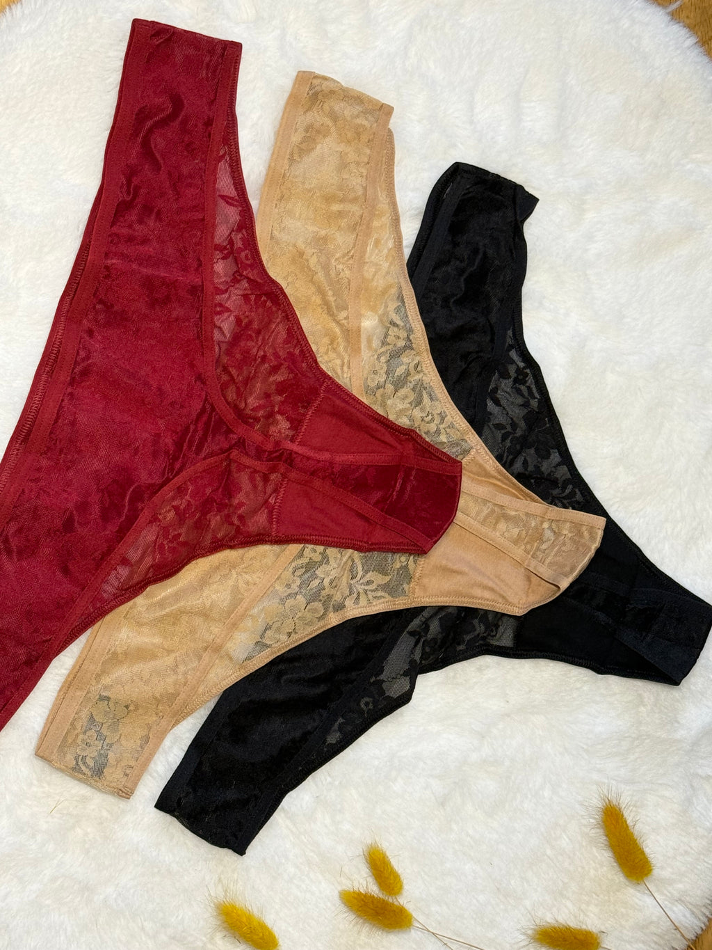  Lace Thong 3-pack flat lay displaying all three thongs