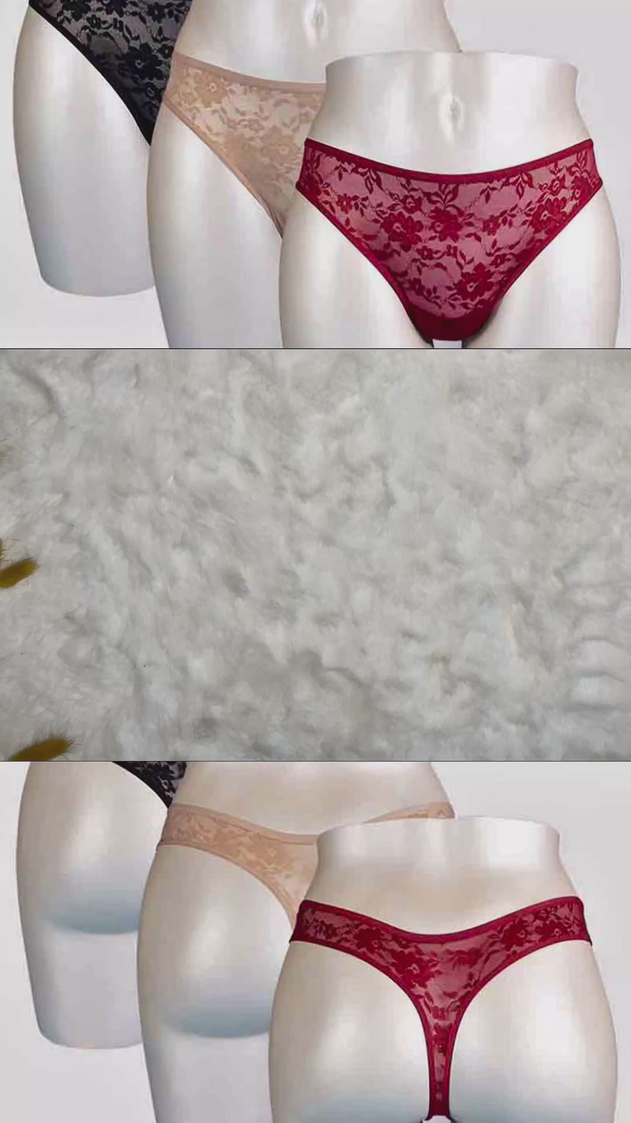 Video- Lace Thong 3-pack flat lay displaying all three thongs